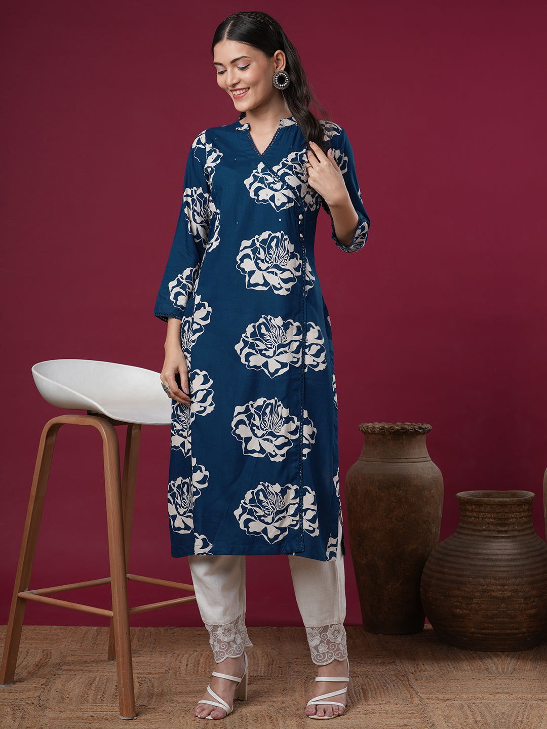 Ethnic Floral Printed & Embroidered Straight Fit Kurta - Blue