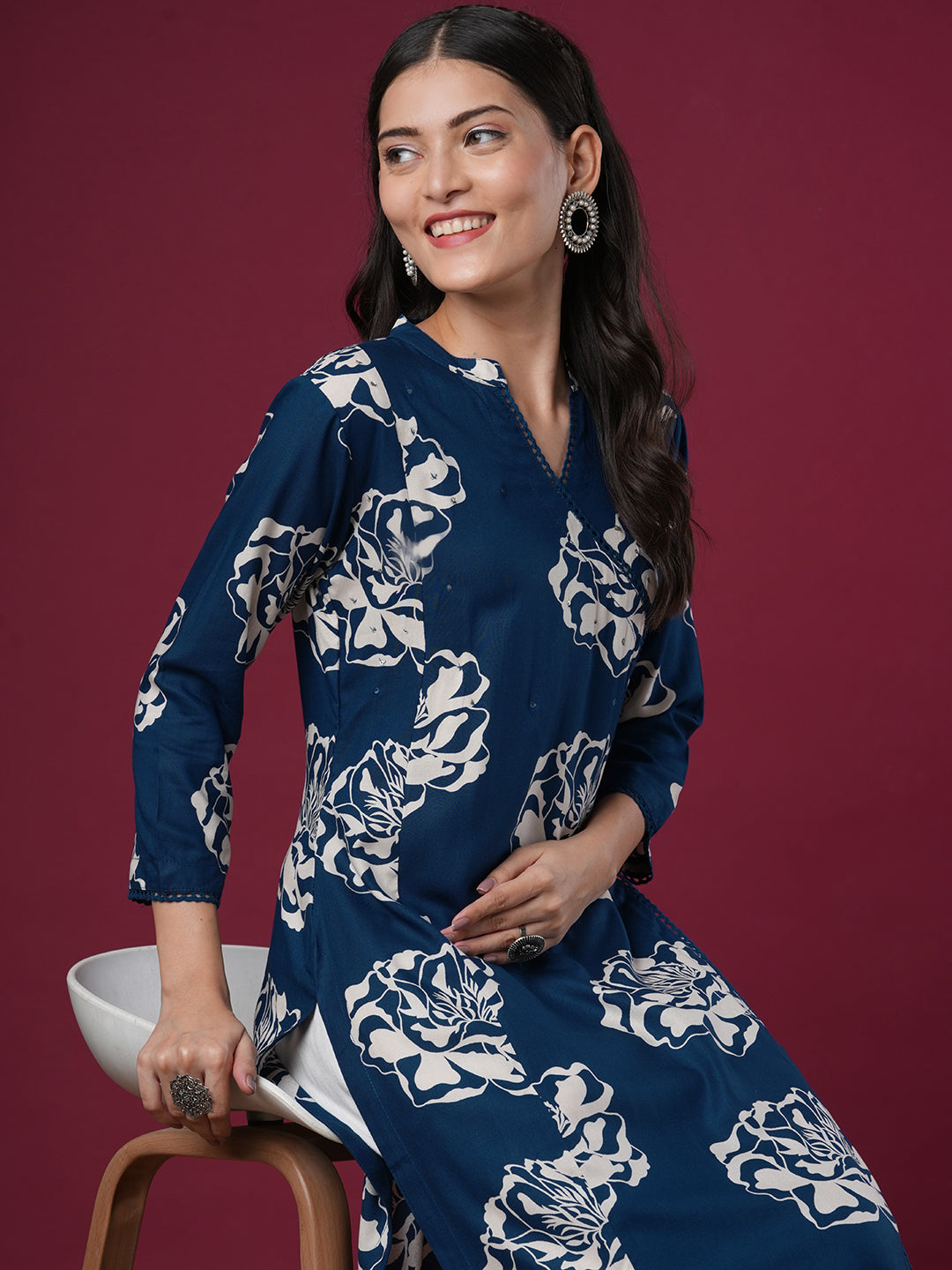Ethnic Floral Printed & Embroidered Straight Fit Kurta - Blue