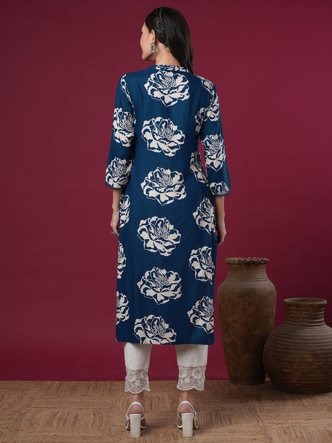 Ethnic Floral Printed & Embroidered Straight Fit Kurta - Blue