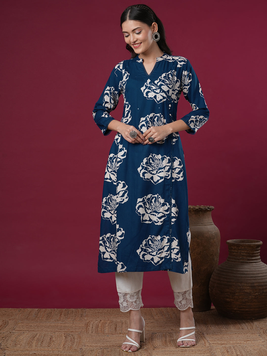 Ethnic Floral Printed & Embroidered Straight Fit Kurta - Blue