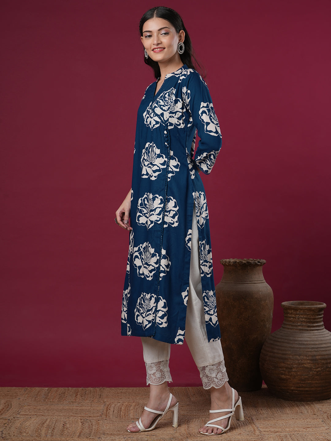 Ethnic Floral Printed & Embroidered Straight Fit Kurta - Blue