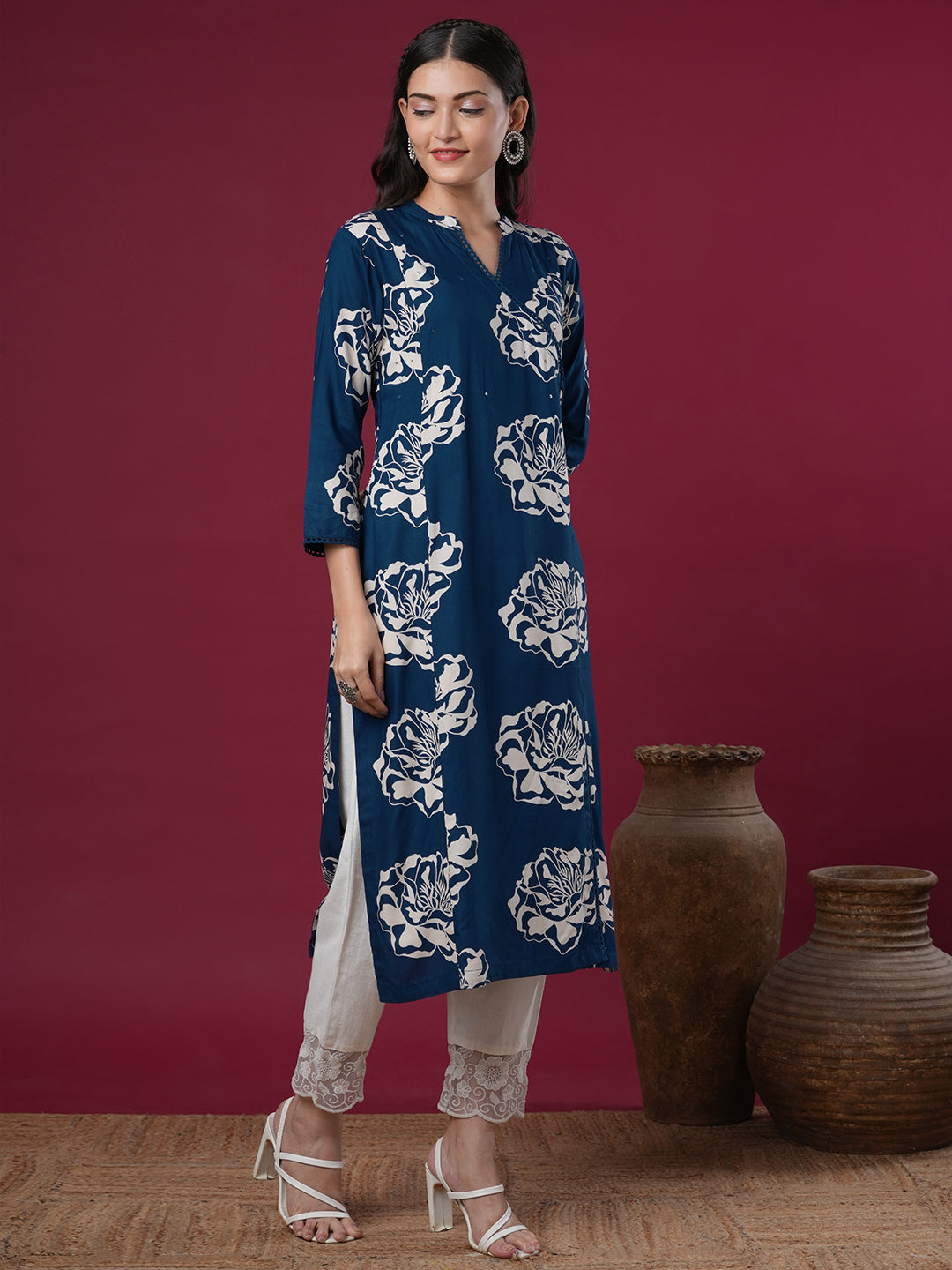 Ethnic Floral Printed & Embroidered Straight Fit Kurta - Blue
