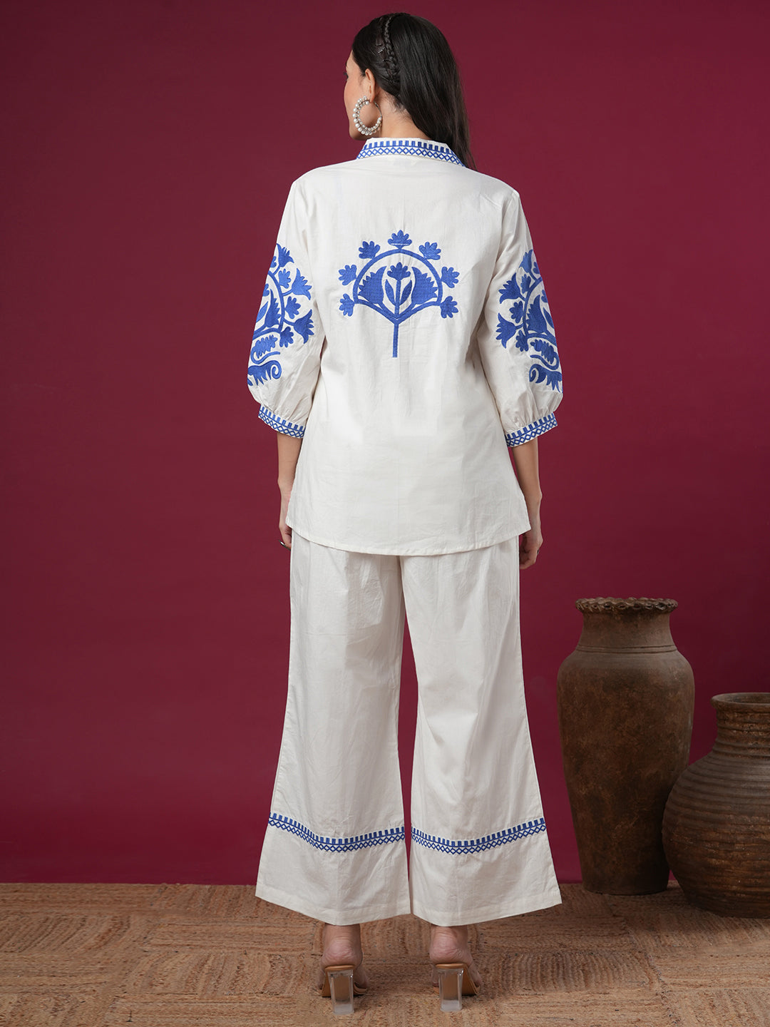 Solid Ethnic Floral Thread Embroidered Straight Fit Co-ord Set - White