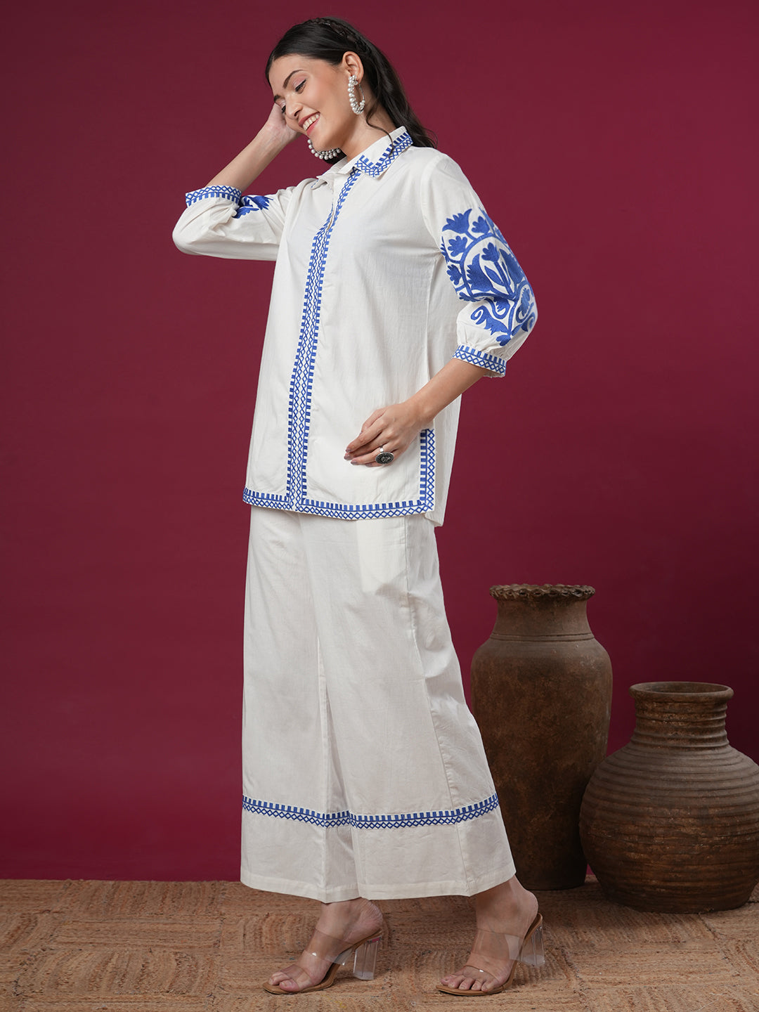 Solid Ethnic Floral Thread Embroidered Straight Fit Co-ord Set - White