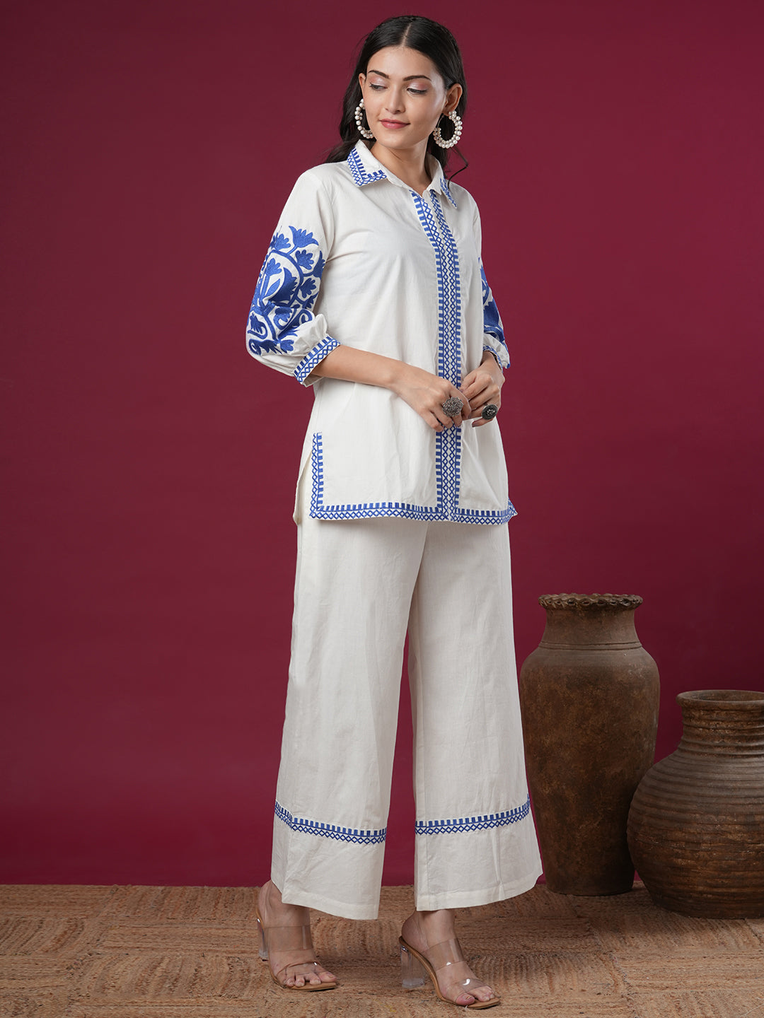 Solid Ethnic Floral Thread Embroidered Straight Fit Co-ord Set - White
