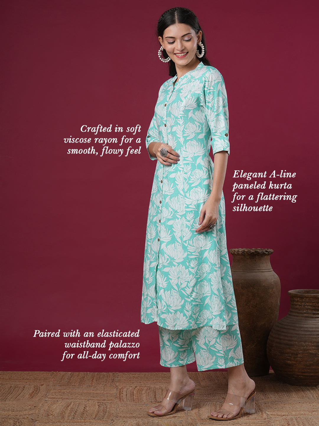 Abstract Floral Printed A-Line Paneled Co-ord Set - Mint Green