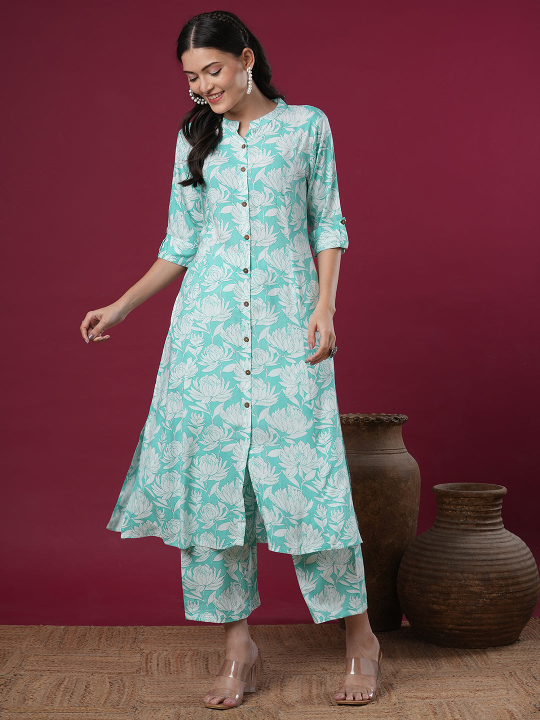 Abstract Floral Printed A-Line Paneled Co-ord Set - Mint Green
