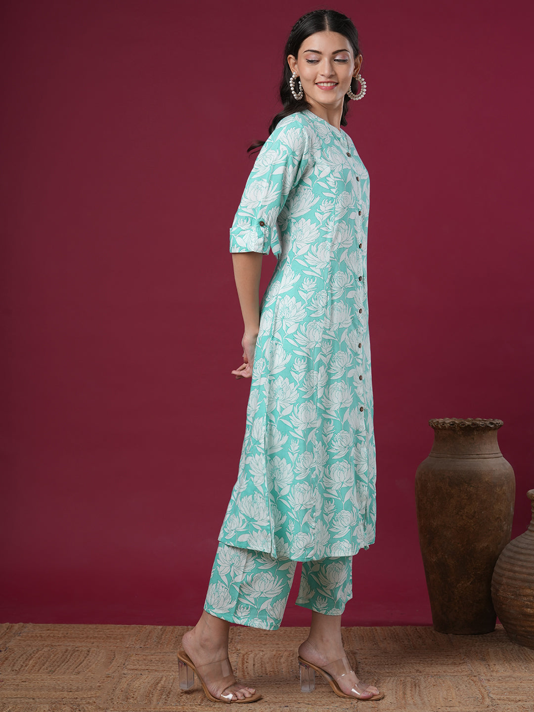 Abstract Floral Printed A-Line Paneled Co-ord Set - Mint Green