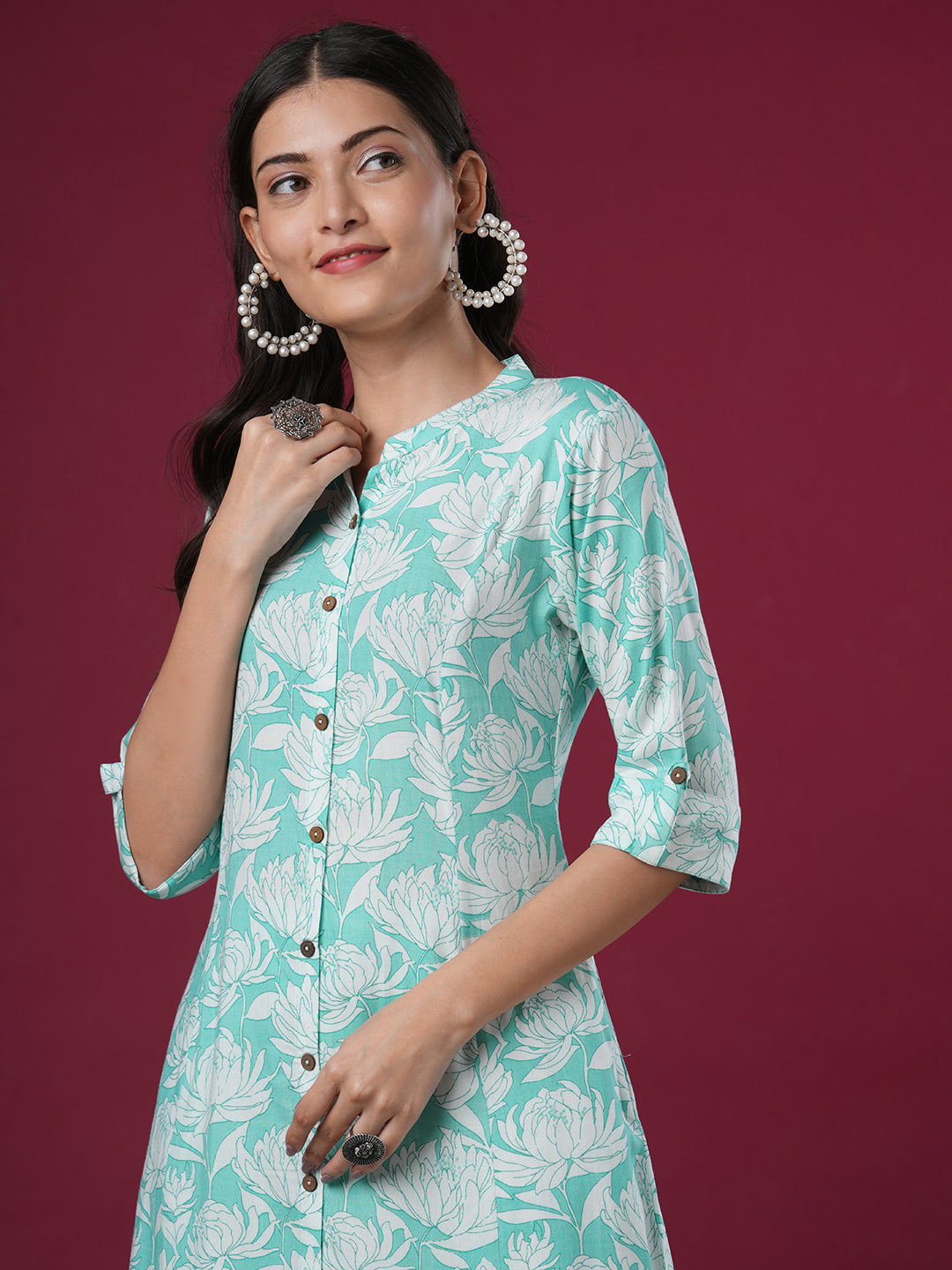Abstract Floral Printed A-Line Paneled Co-ord Set - Mint Green