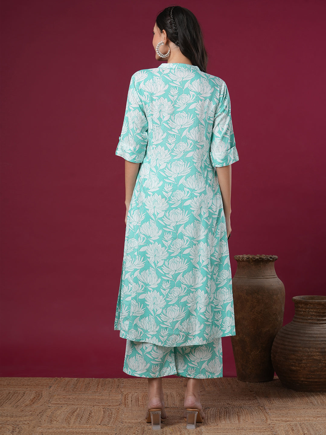 Abstract Floral Printed A-Line Paneled Co-ord Set - Mint Green