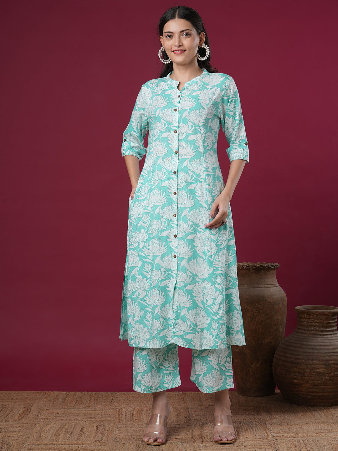 Abstract Floral Printed A-Line Paneled Co-ord Set - Mint Green