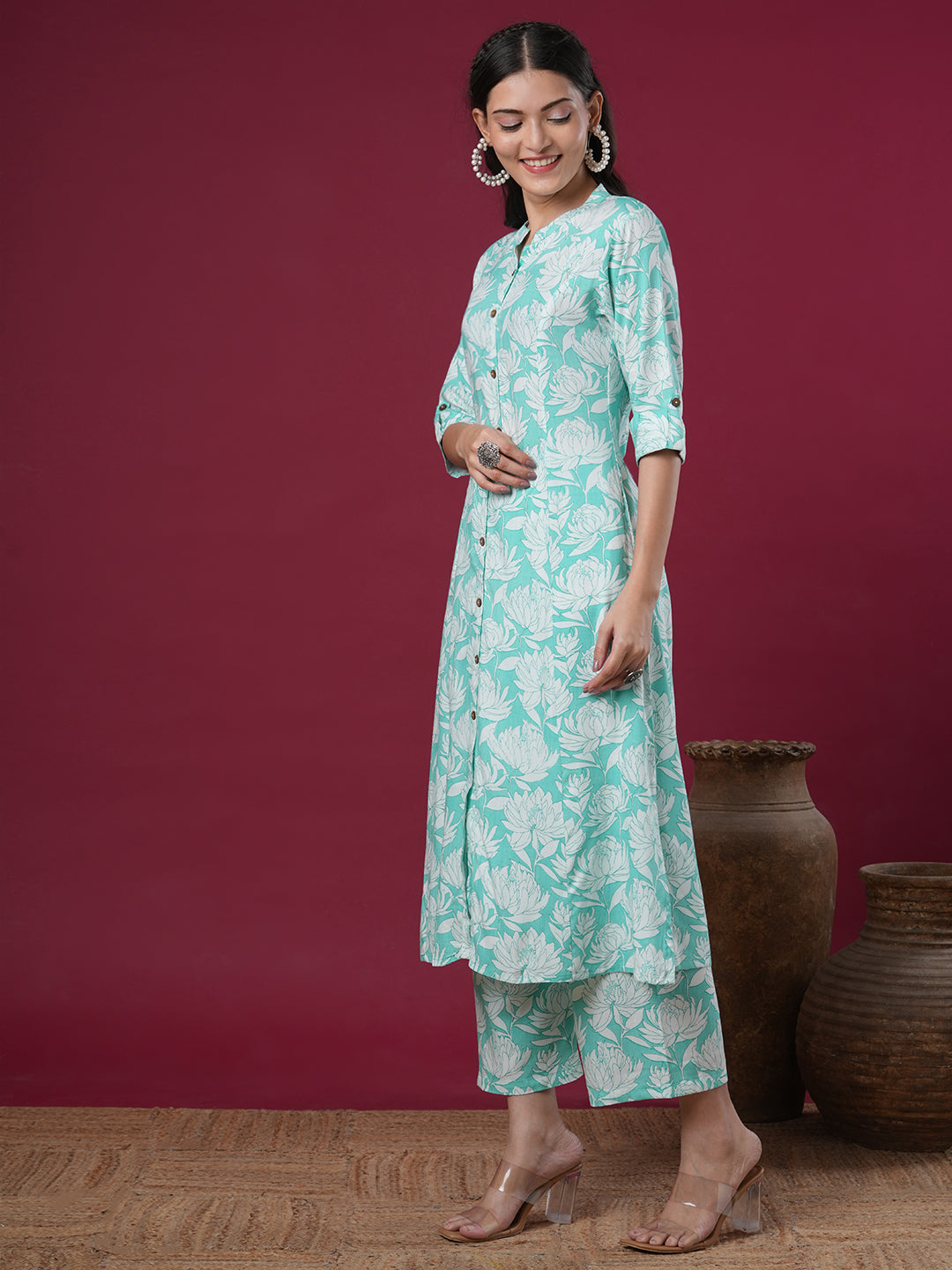 Abstract Floral Printed A-Line Paneled Co-ord Set - Mint Green