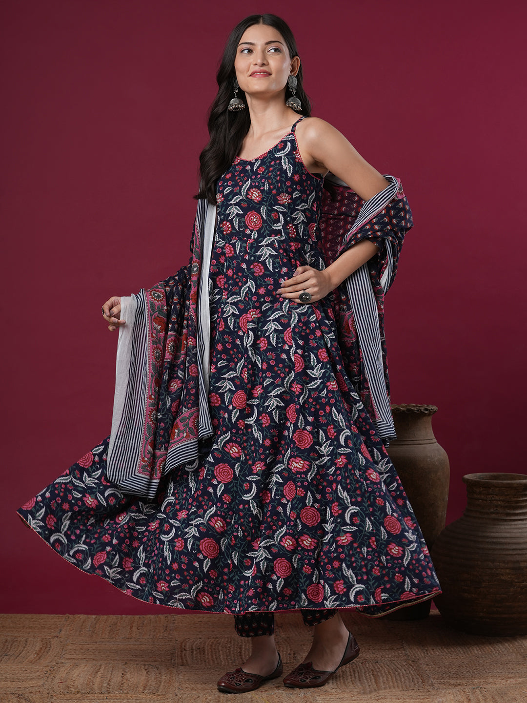 Ethnic Floral Printed Anarkali Flared Kurta with Pant & Dupatta - Blue