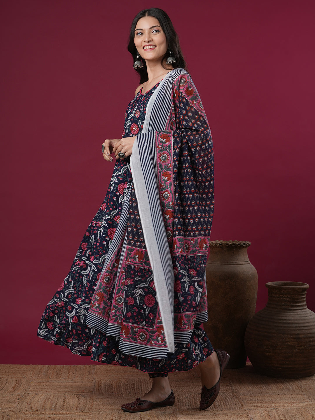 Ethnic Floral Printed Anarkali Flared Kurta with Pant & Dupatta - Blue