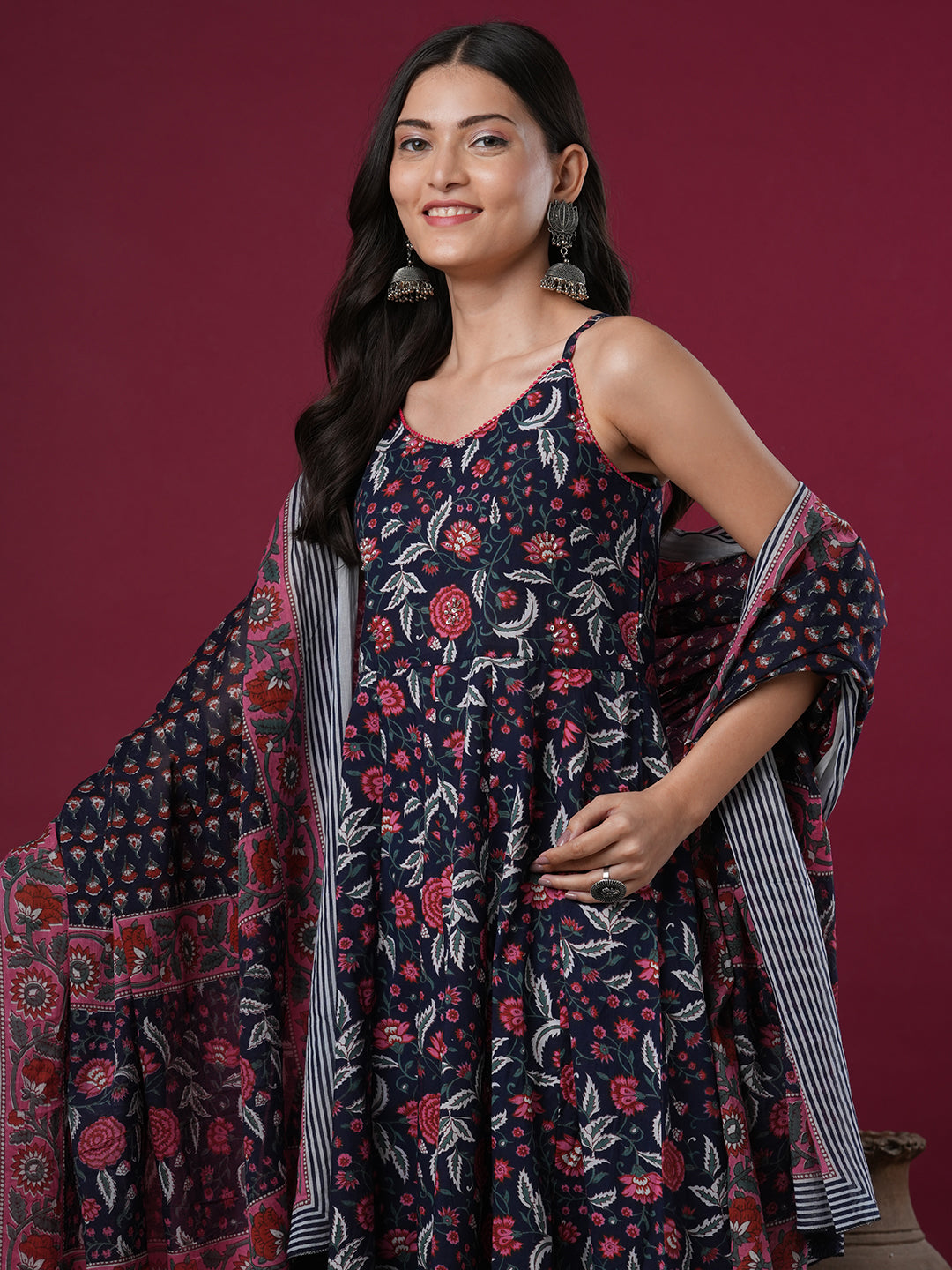 Ethnic Floral Printed Anarkali Flared Kurta with Pant & Dupatta - Blue