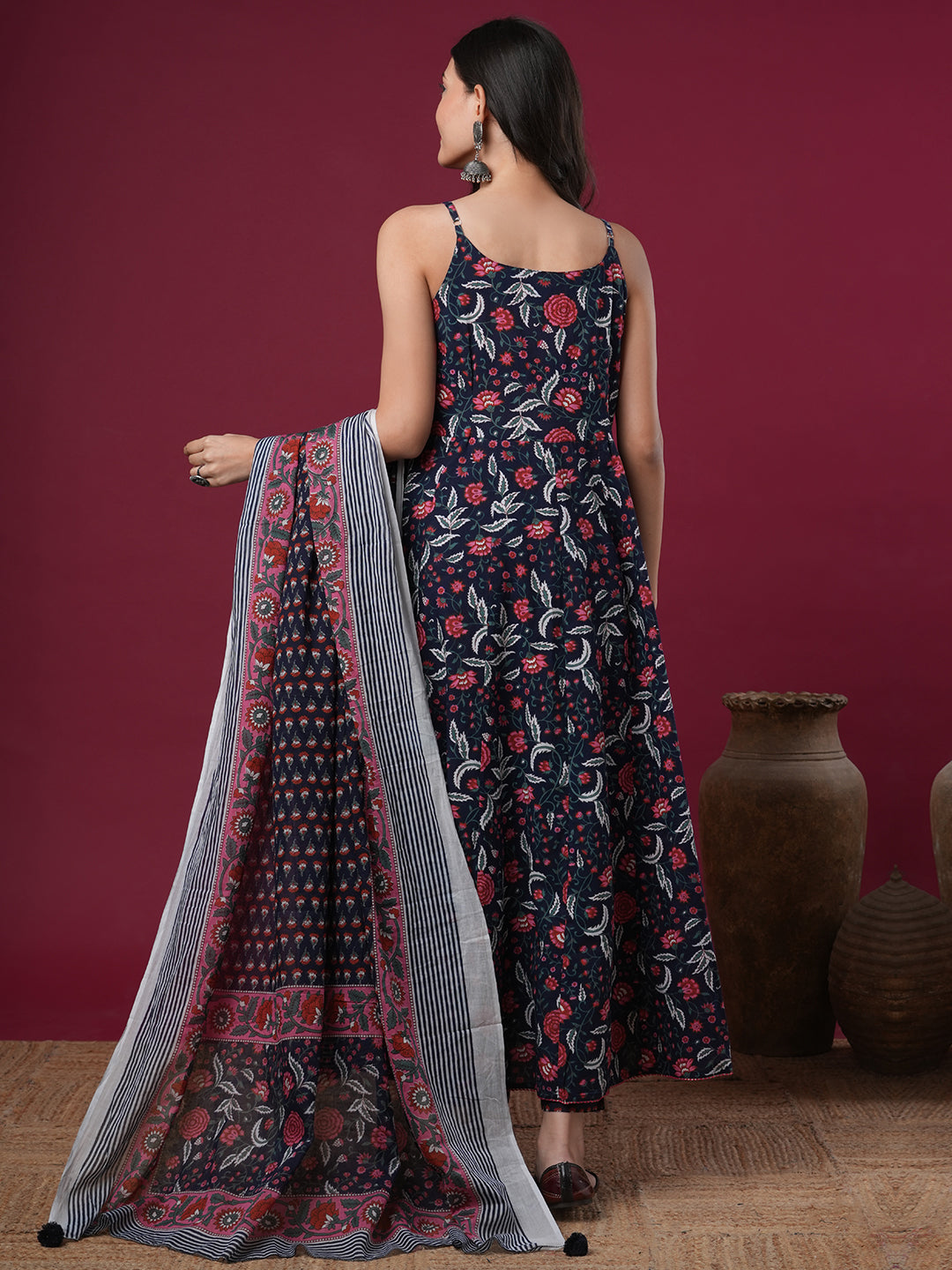 Ethnic Floral Printed Anarkali Flared Kurta with Pant & Dupatta - Blue