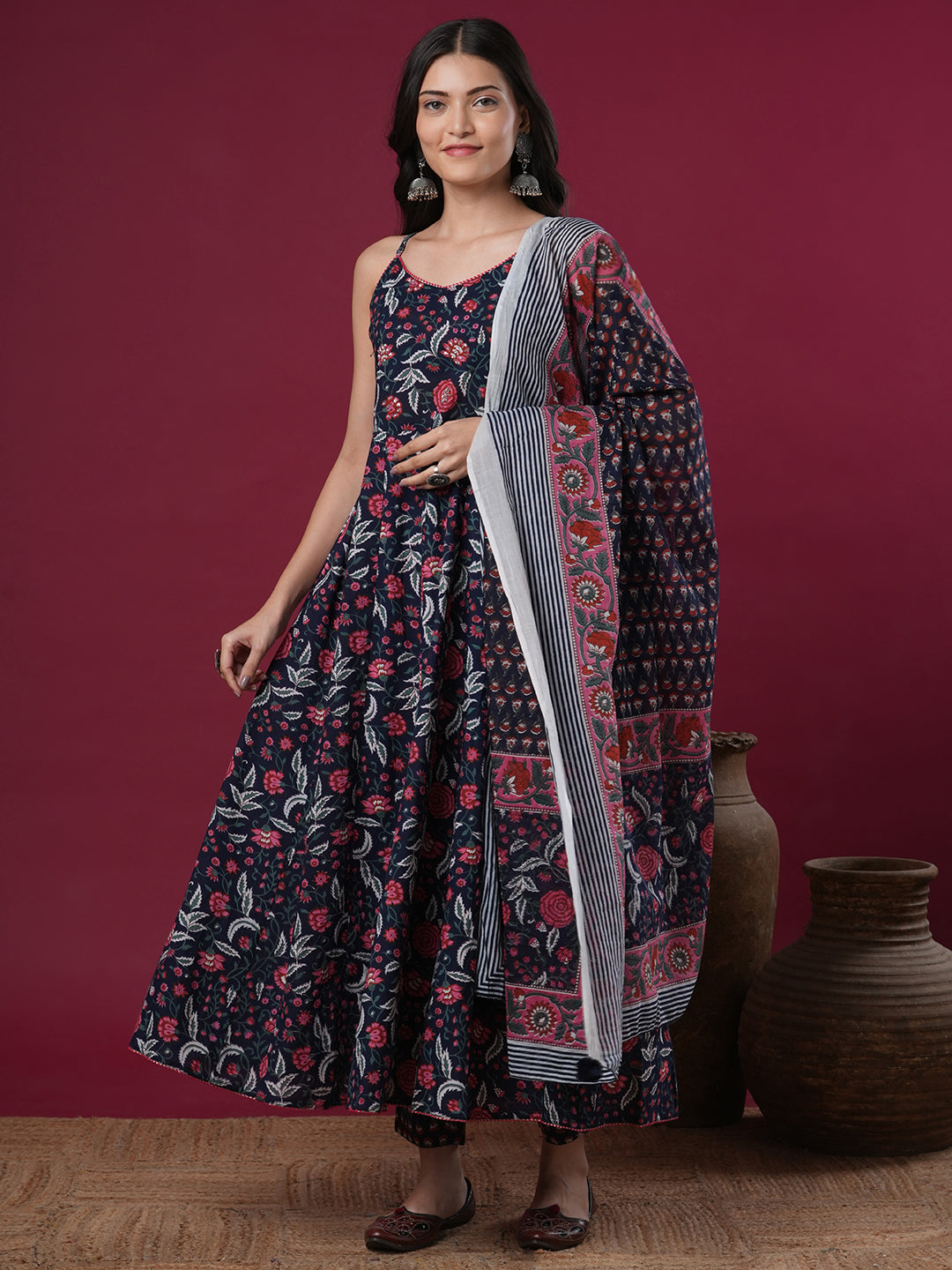 Ethnic Floral Printed Anarkali Flared Kurta with Pant & Dupatta - Blue