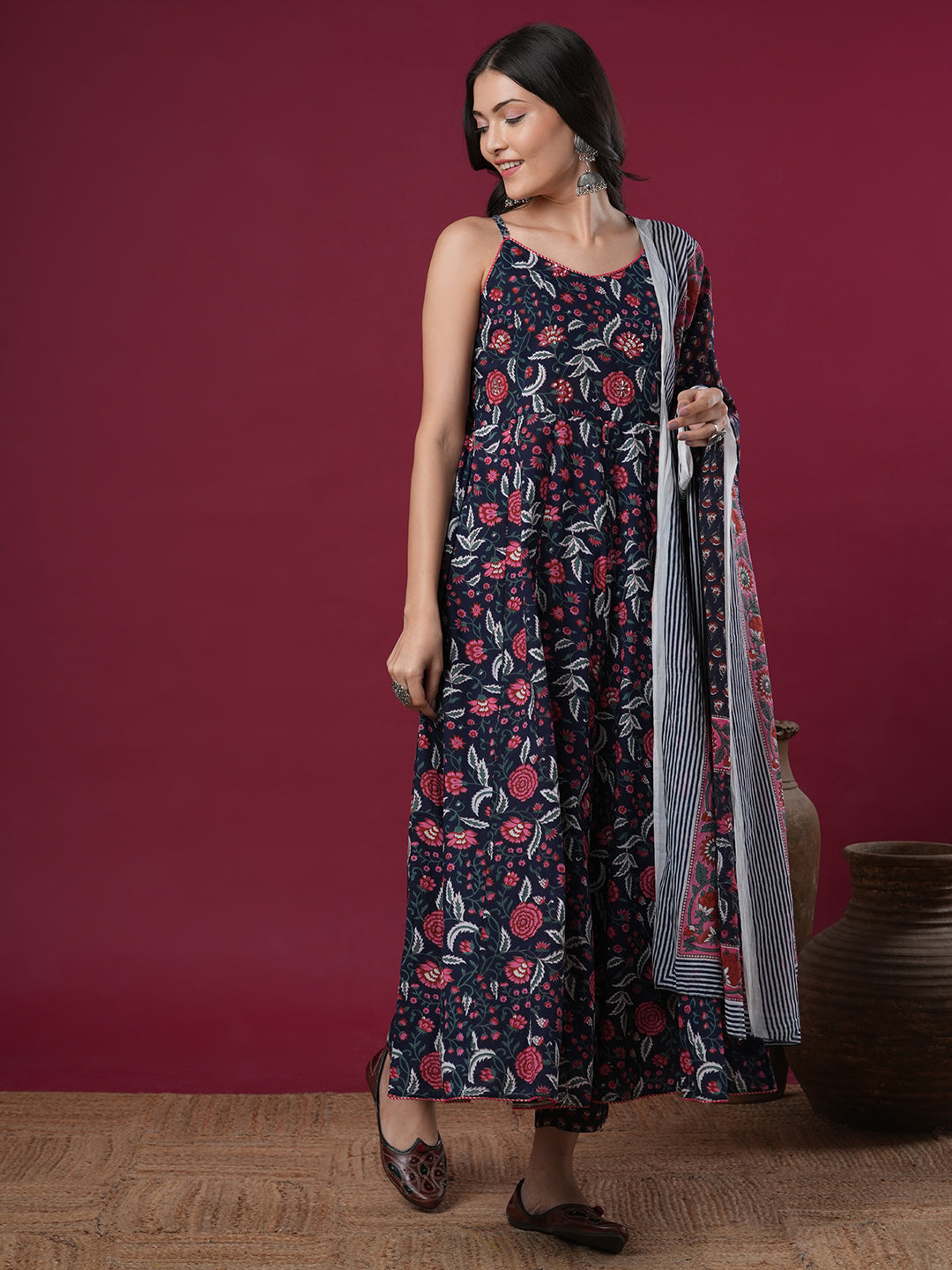 Ethnic Floral Printed Anarkali Flared Kurta with Pant & Dupatta - Blue