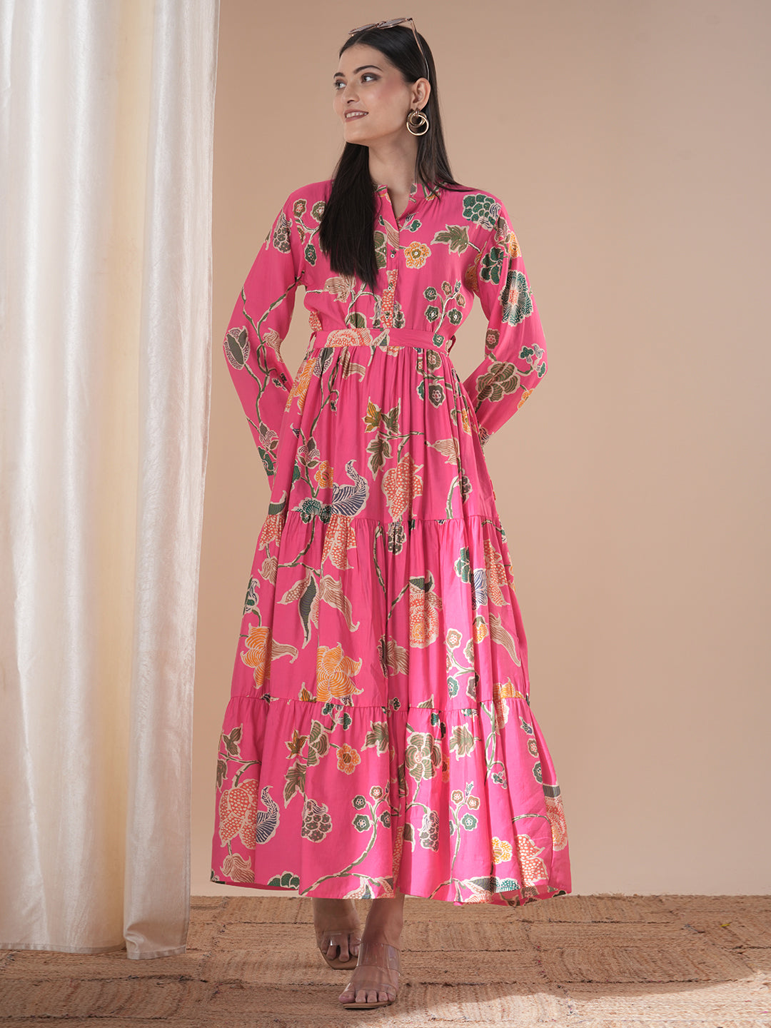 Abstract Floral Printed A-Line Pleated Fit & Flare Maxi Dress with Bel FASHOR Abstract Floral Printed A-Line Pleated Fit & Flare Maxi Dress with Bel FASHOR