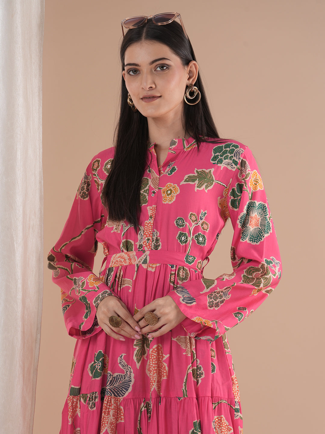 Abstract Floral Printed A-Line Pleated Fit & Flare Maxi Dress with Belt - Pink