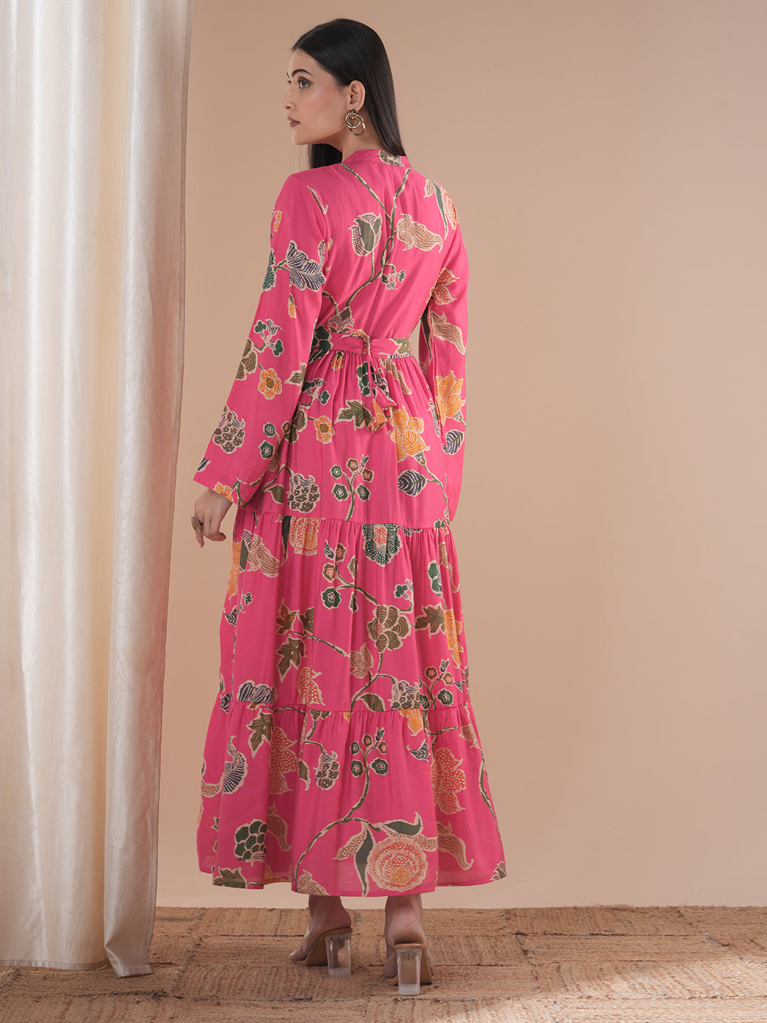 Abstract Floral Printed A-Line Pleated Fit & Flare Maxi Dress with Belt - Pink