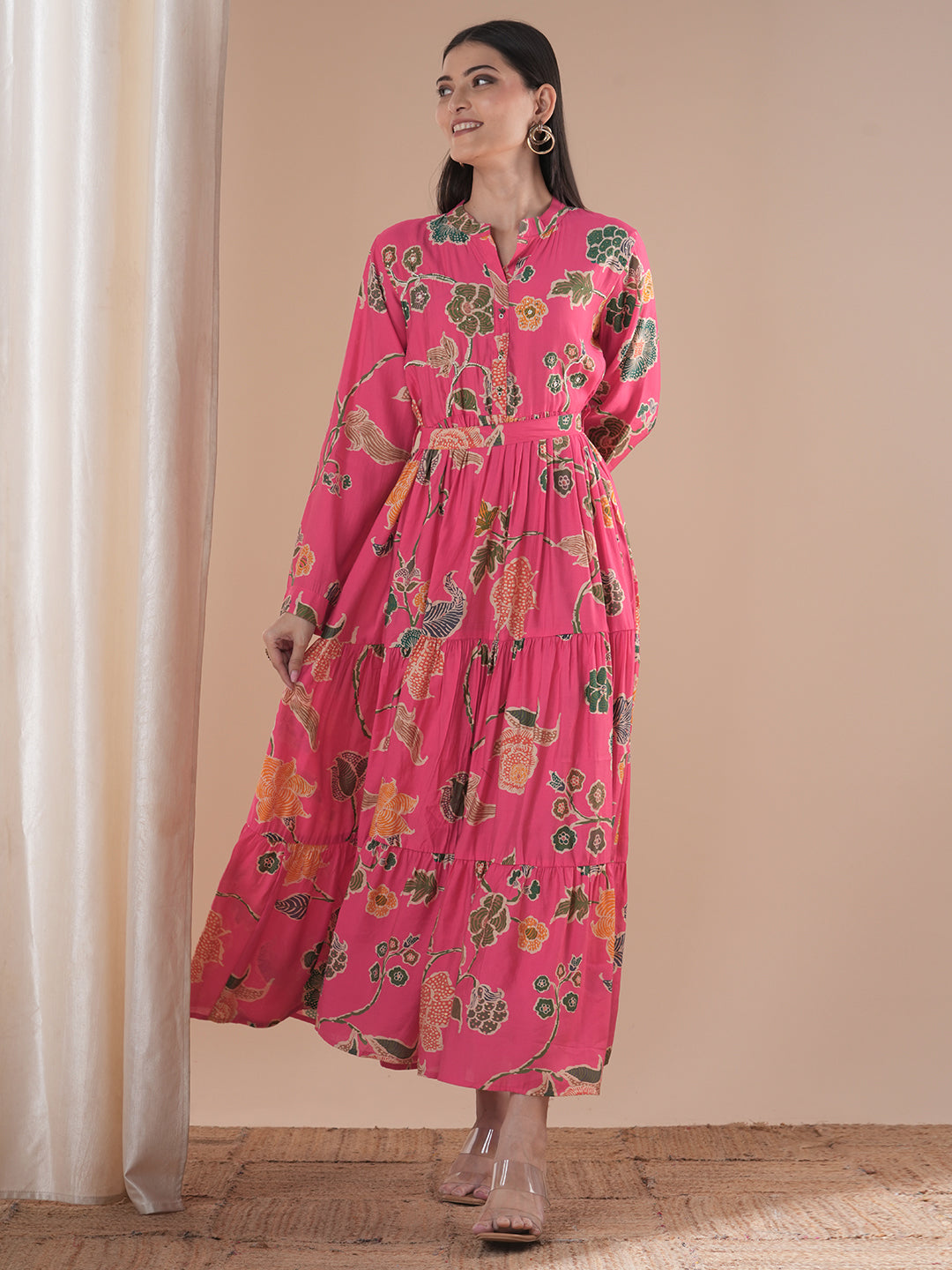 Abstract Floral Printed A-Line Pleated Fit & Flare Maxi Dress with Belt - Pink
