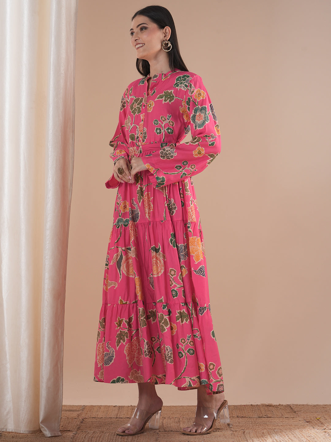 Abstract Floral Printed A-Line Pleated Fit & Flare Maxi Dress with Belt - Pink