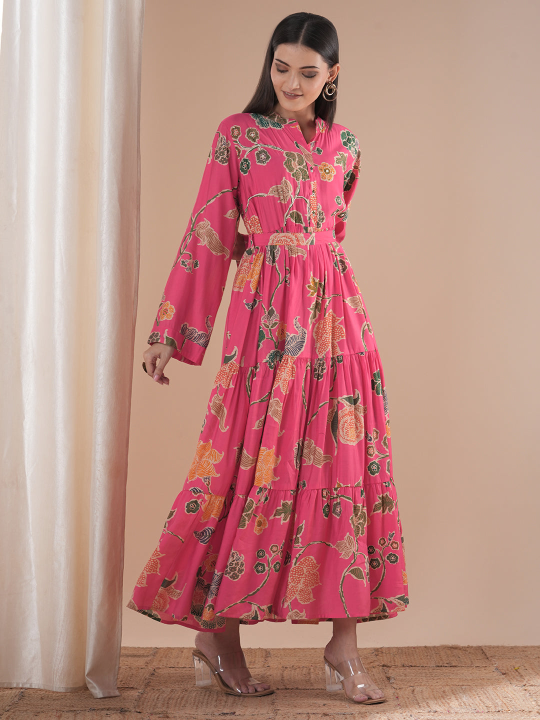 Abstract Floral Printed A-Line Pleated Fit & Flare Maxi Dress with Belt - Pink