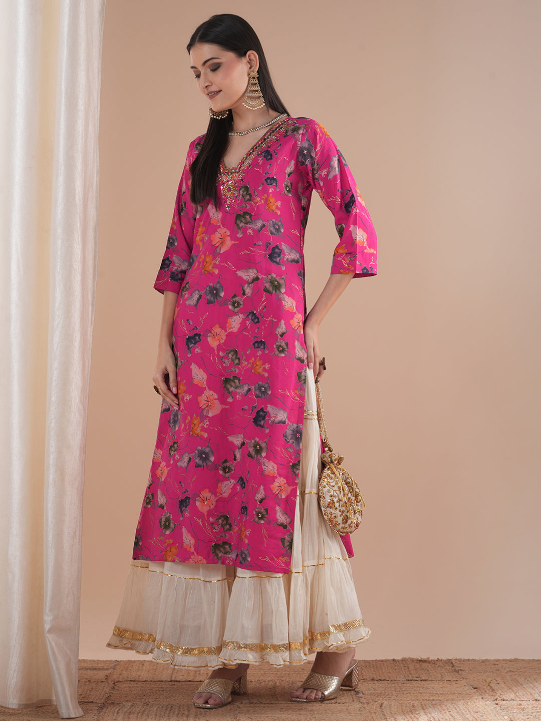 Floral Foil Printed & Hand Embroidered Straight Fit Kurta - Pink