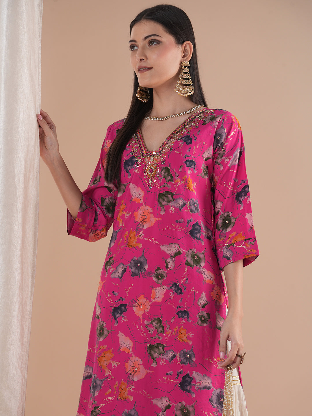 Floral Foil Printed & Hand Embroidered Straight Fit Kurta - Pink