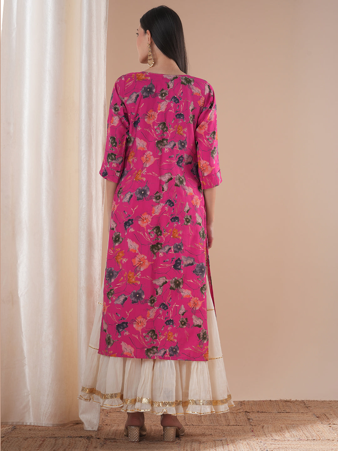 Floral Foil Printed & Hand Embroidered Straight Fit Kurta - Pink