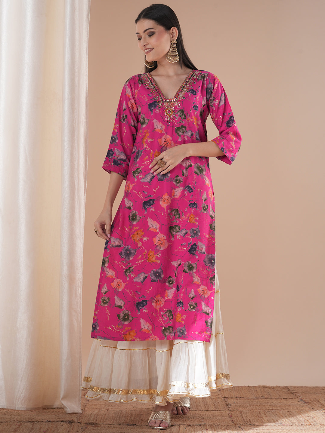 Floral Foil Printed & Hand Embroidered Straight Fit Kurta - Pink