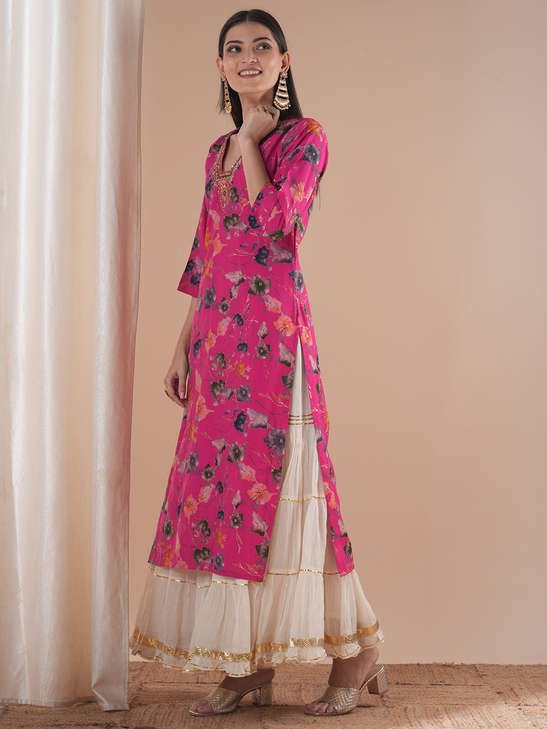 Floral Foil Printed & Hand Embroidered Straight Fit Kurta - Pink