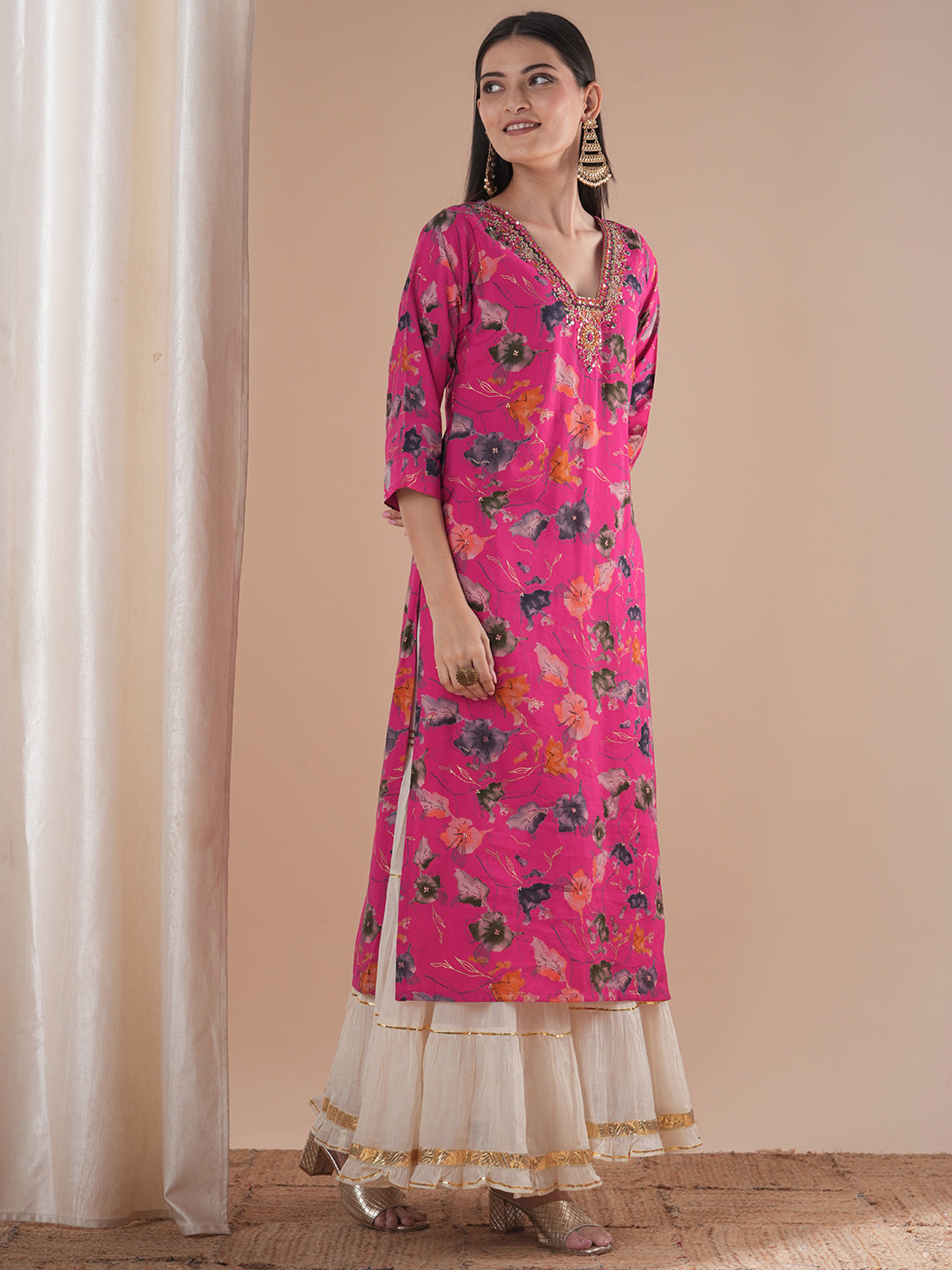 Floral Foil Printed & Hand Embroidered Straight Fit Kurta - Pink