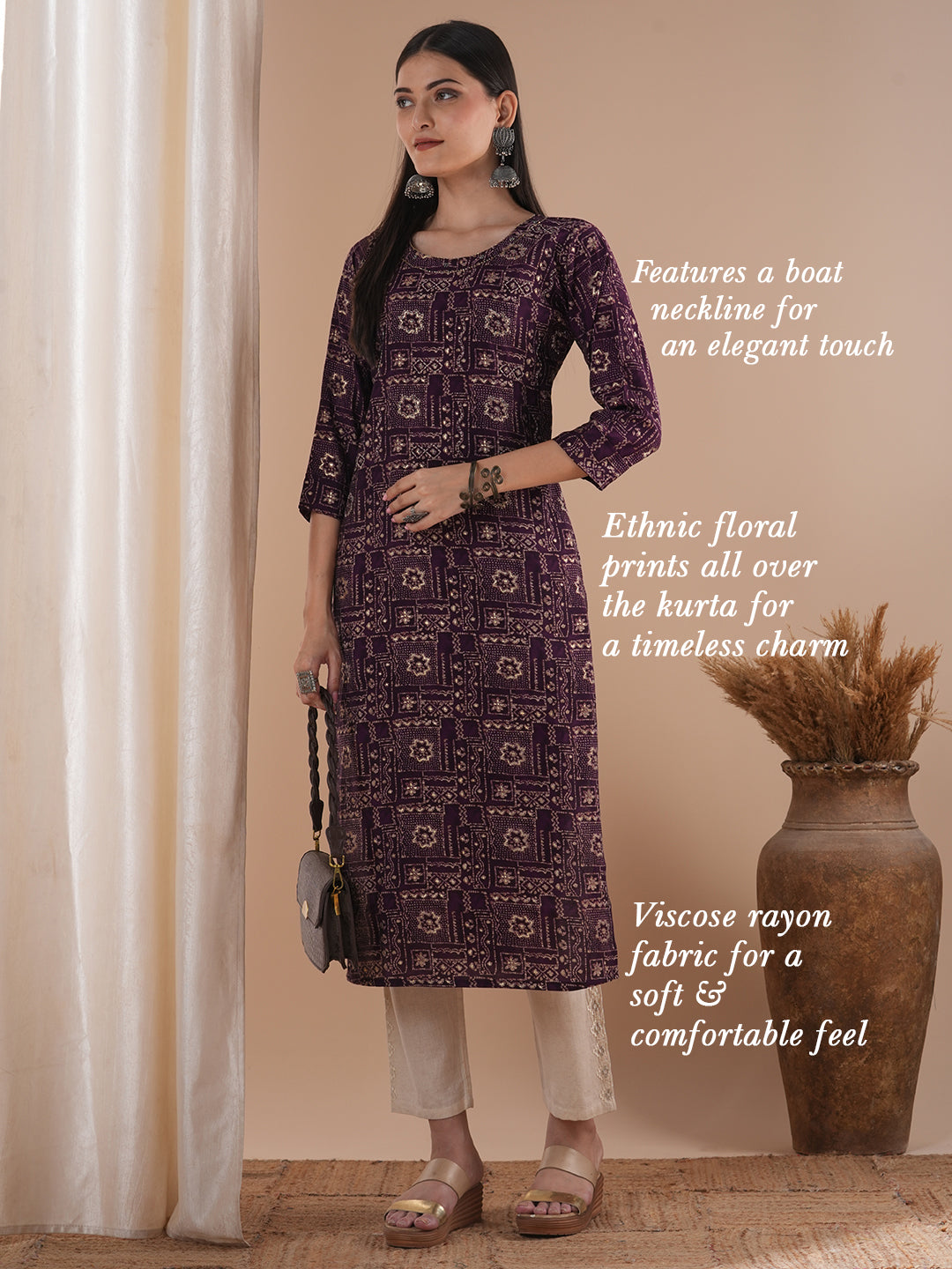 Ethnic Floral Printed Straight Fit Kurta - Purple