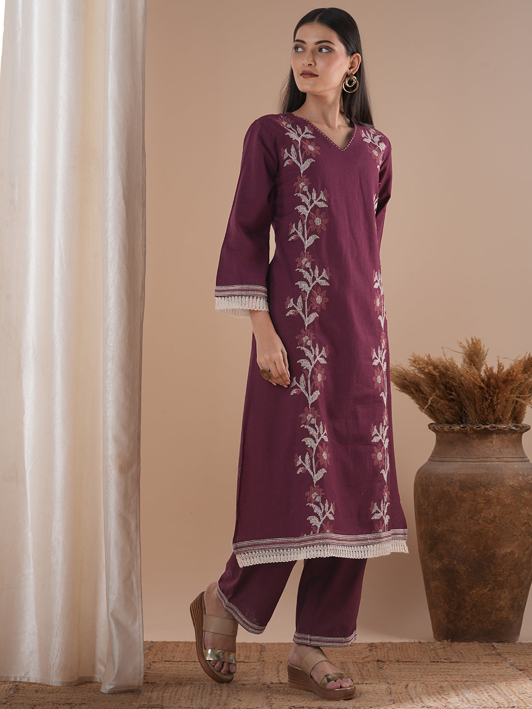 Solid Cross Stitch Embroidered A-Line Kurta with Palazzo - Maroon