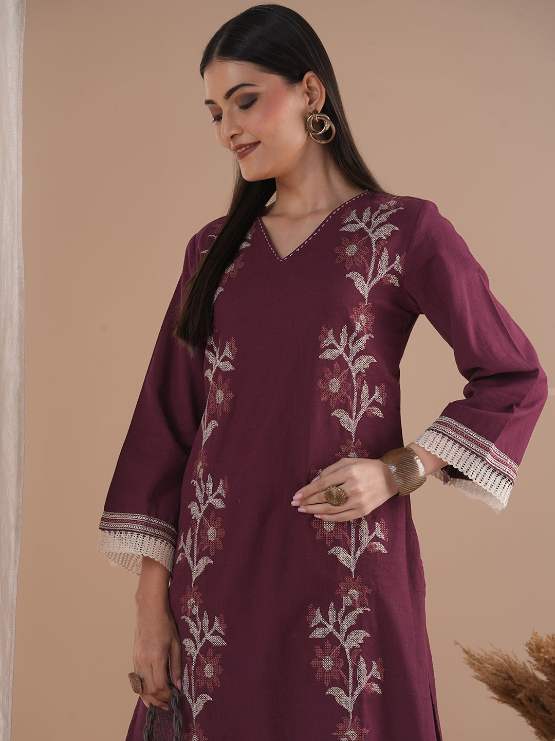 Solid Cross Stitch Embroidered A-Line Kurta with Palazzo - Maroon