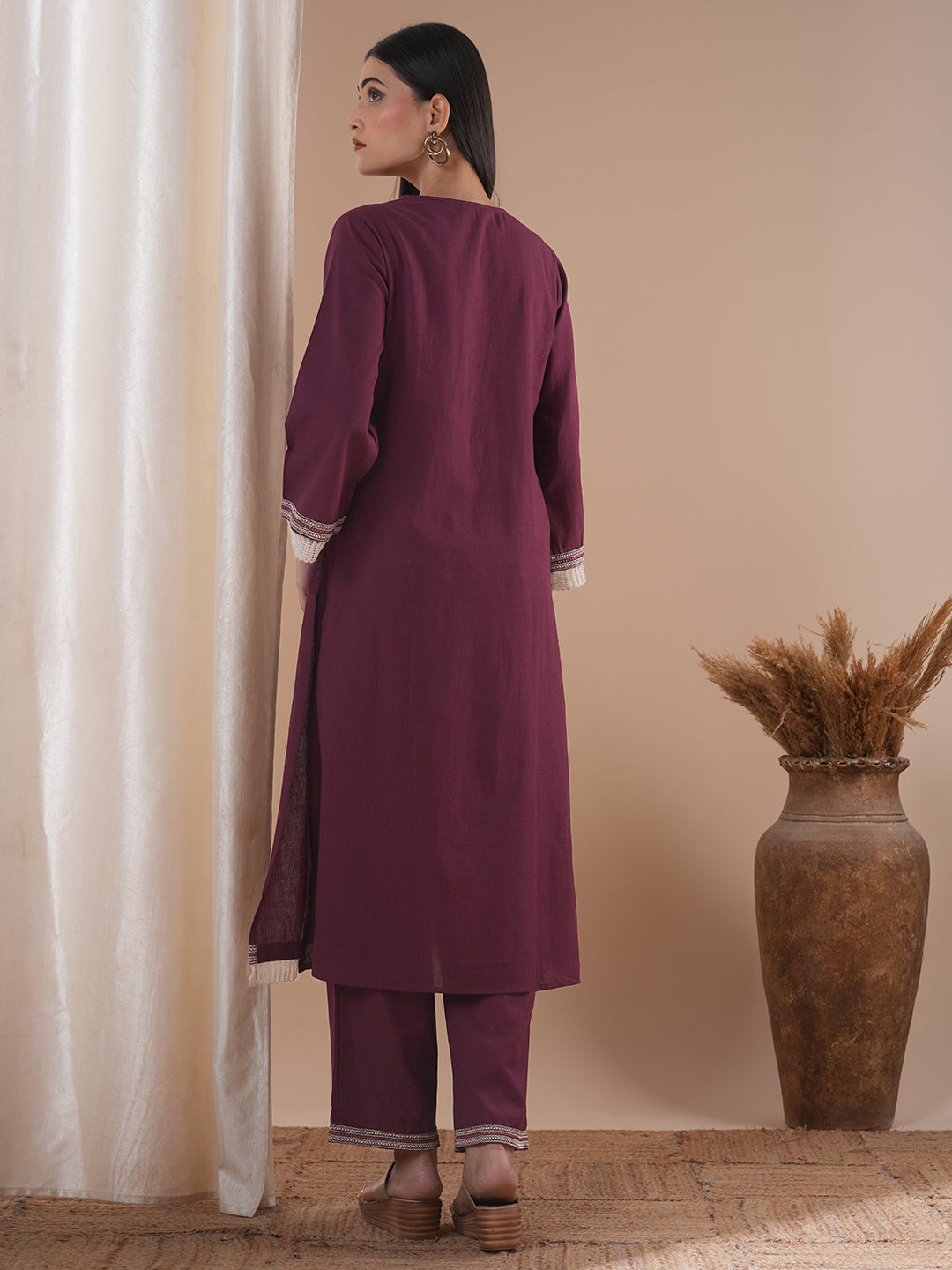 Solid Cross Stitch Embroidered A-Line Kurta with Palazzo - Maroon