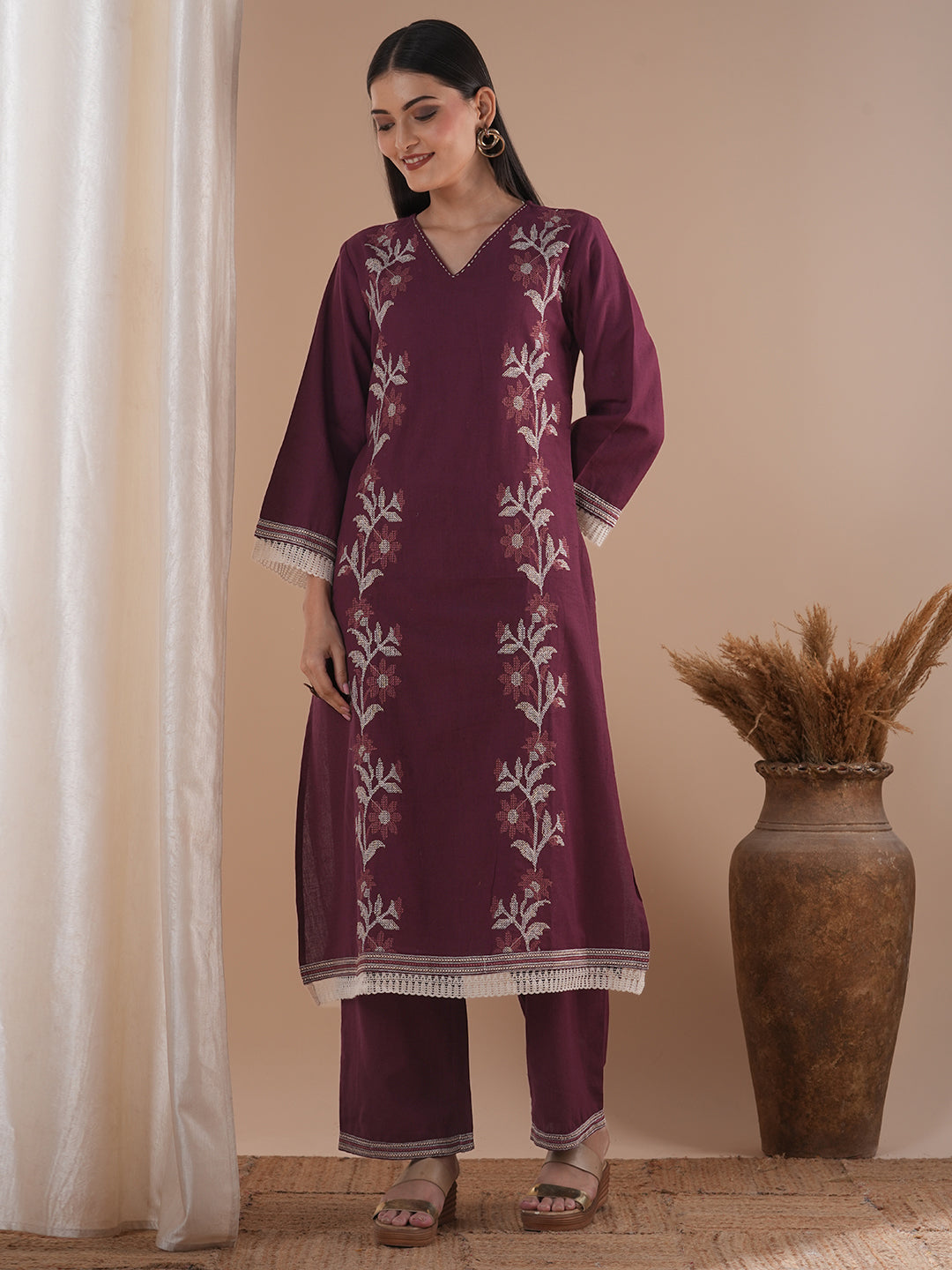 Solid Cross Stitch Embroidered A-Line Kurta with Palazzo - Maroon