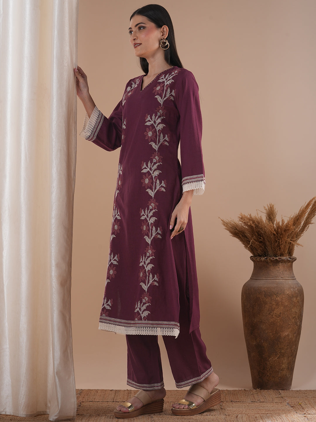 Solid Cross Stitch Embroidered A-Line Kurta with Palazzo - Maroon