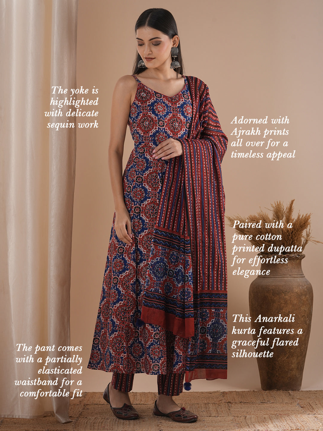 Ajrakh Printed & Embroidered Anarkali Flared Kurta with Pant & Dupatta - Maroon