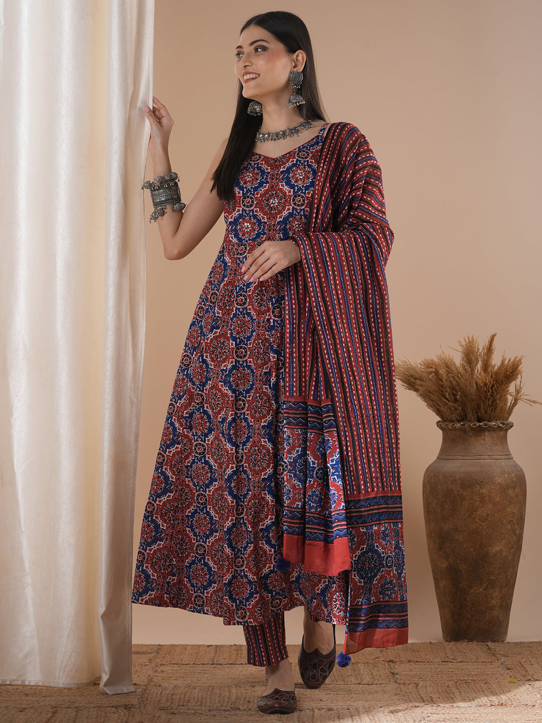 Ajrakh Printed & Embroidered Anarkali Flared Kurta with Pant & Dupatta - Maroon
