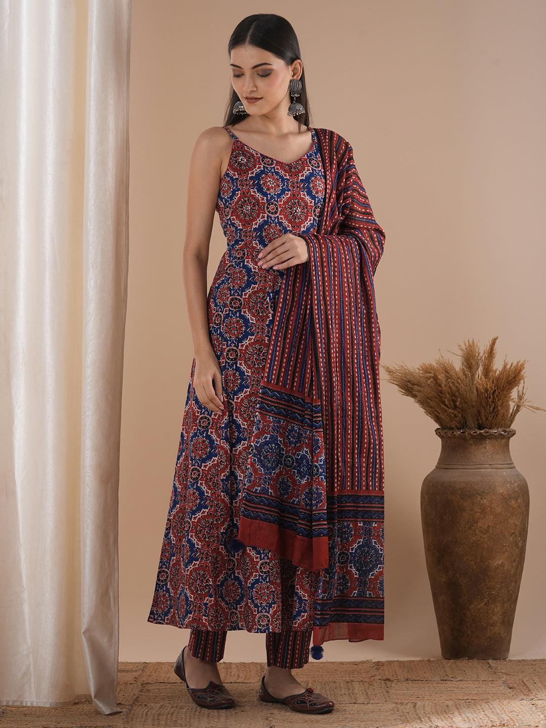 Ajrakh Printed & Embroidered Anarkali Flared Kurta with Pant & Dupatta - Maroon