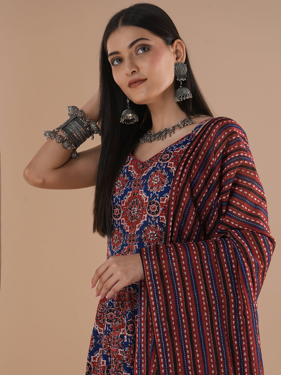 Ajrakh Printed & Embroidered Anarkali Flared Kurta with Pant & Dupatta - Maroon