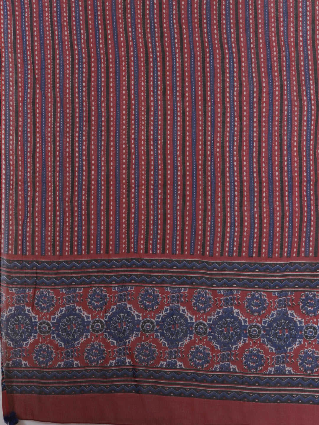 Ajrakh Printed & Embroidered Anarkali Flared Kurta with Pant & Dupatta - Maroon