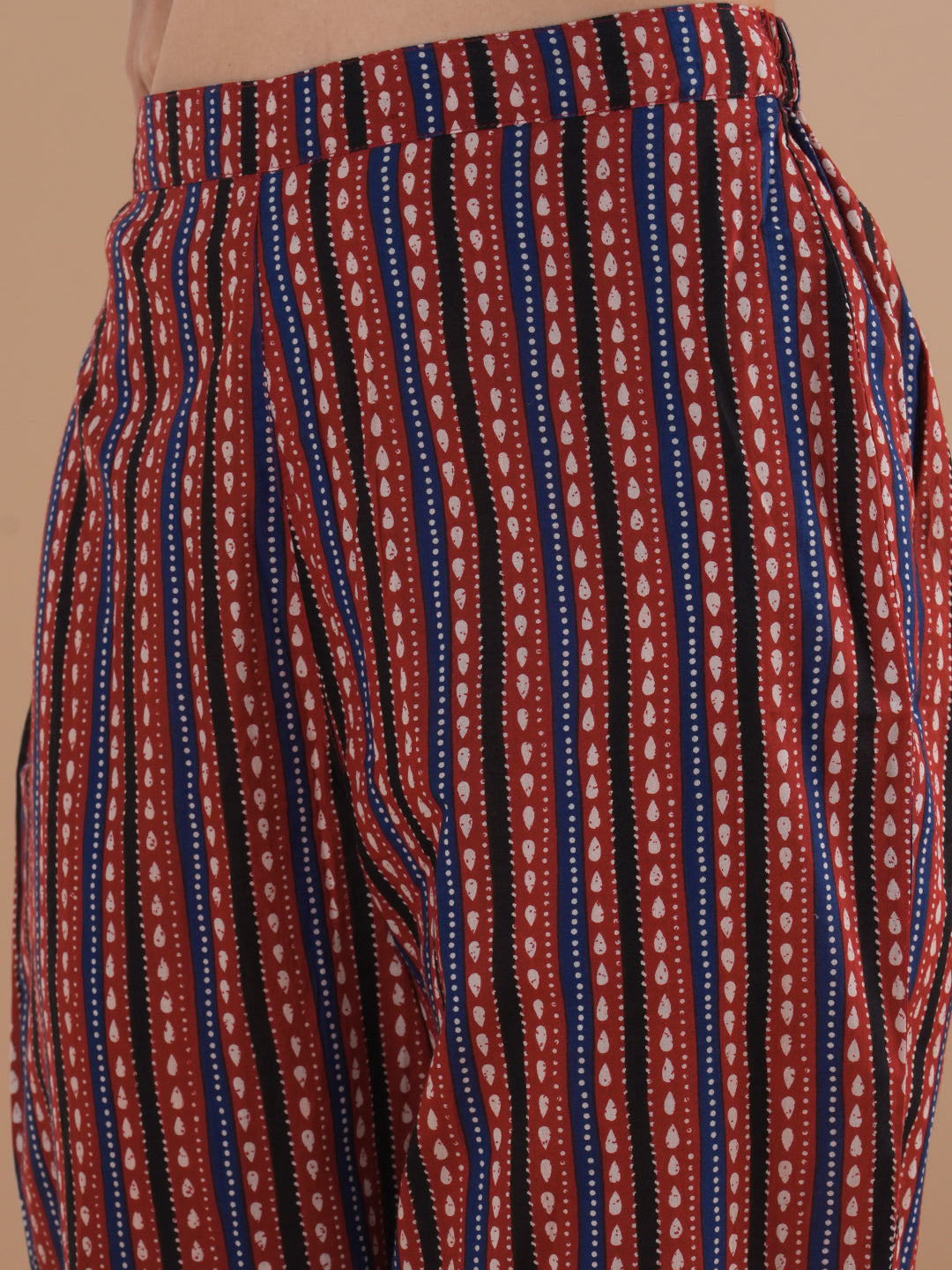 Ajrakh Printed & Embroidered Anarkali Flared Kurta with Pant & Dupatta - Maroon