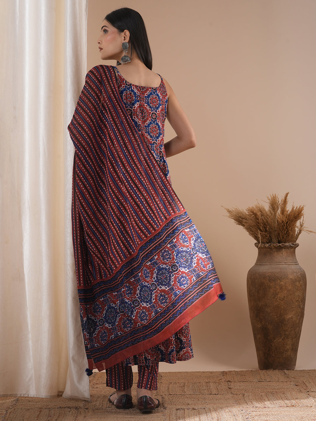 Ajrakh Printed & Embroidered Anarkali Flared Kurta with Pant & Dupatta - Maroon