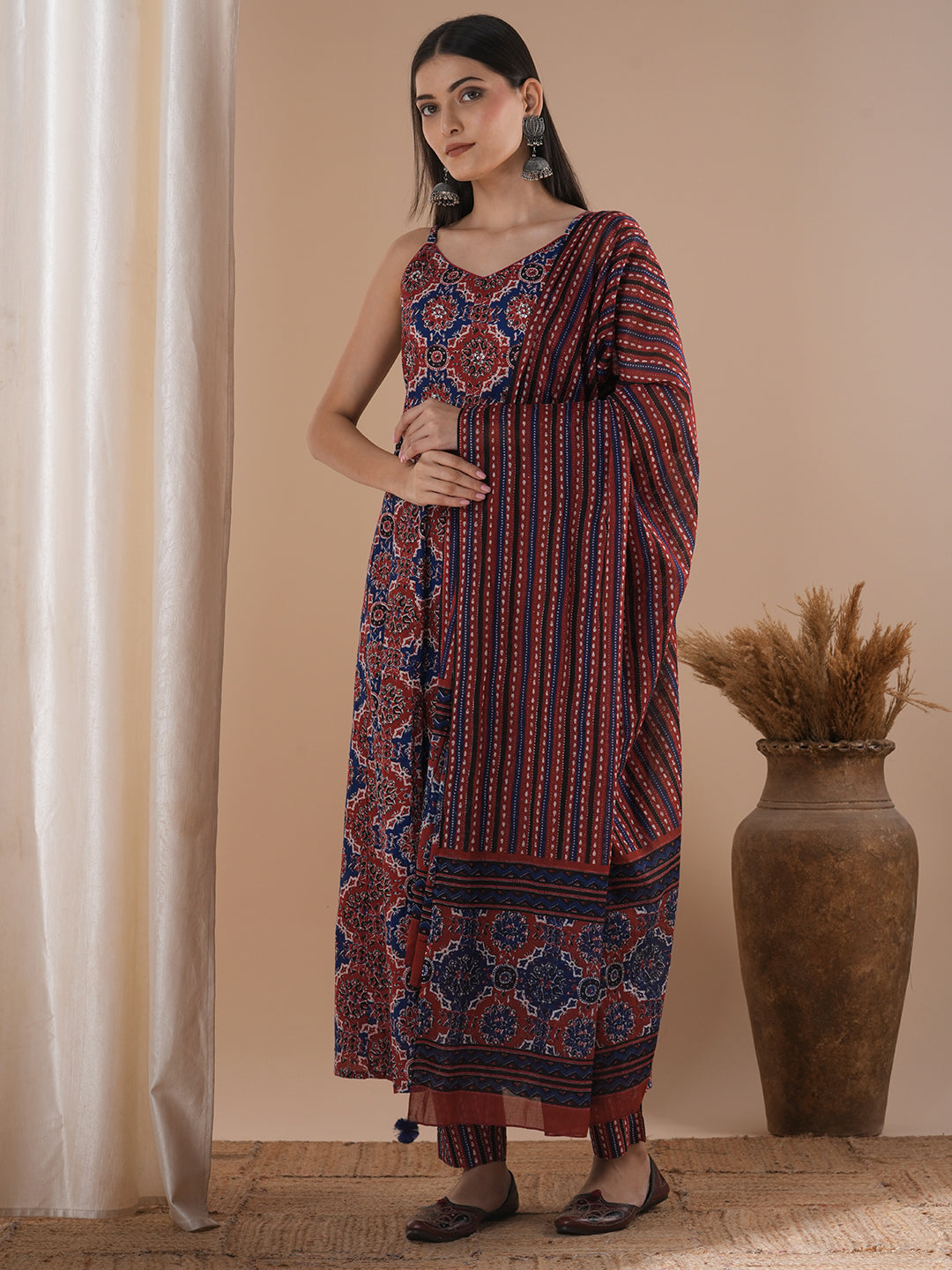 Ajrakh Printed & Embroidered Anarkali Flared Kurta with Pant & Dupatta - Maroon