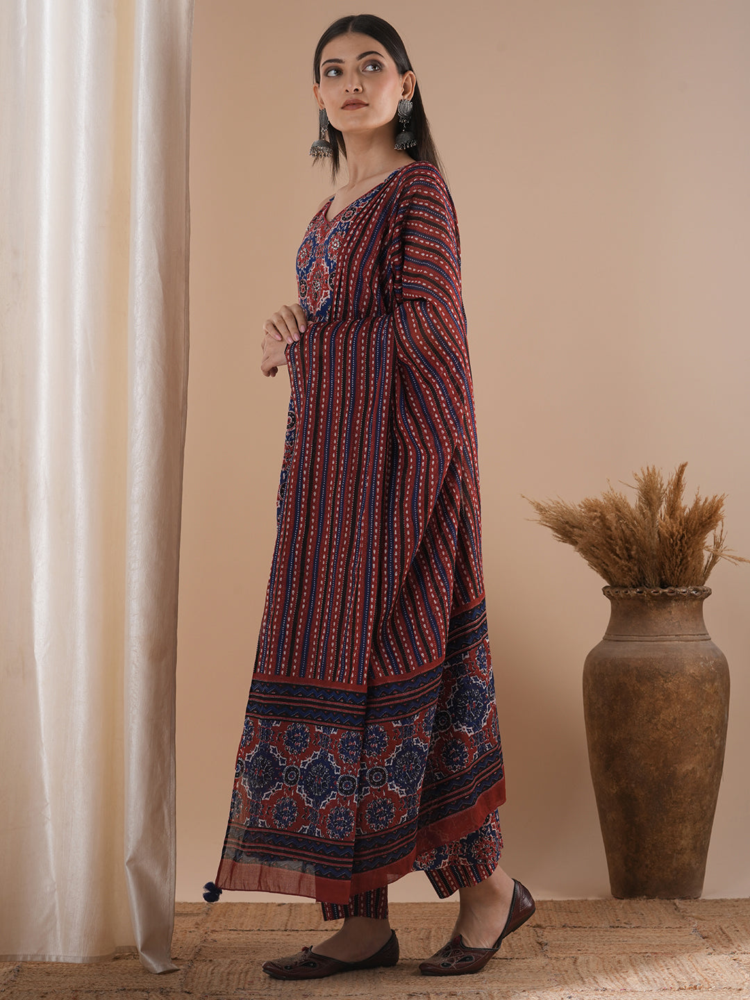 Ajrakh Printed & Embroidered Anarkali Flared Kurta with Pant & Dupatta - Maroon