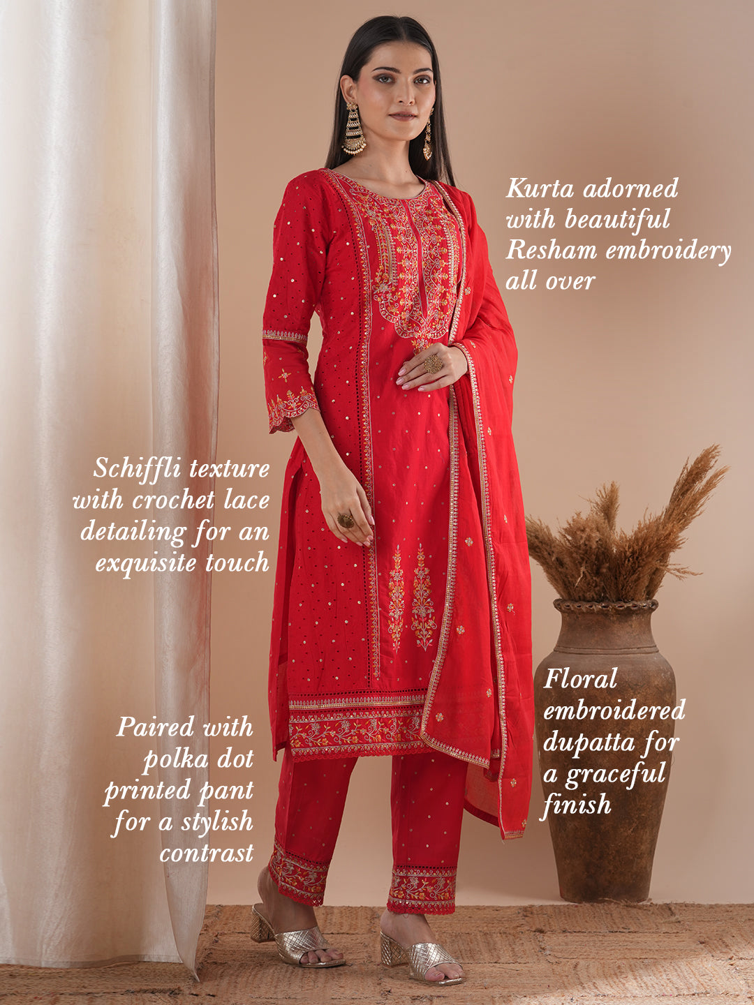 Solid Ethnic Floral Embroidered Kurta with Pant and Dupatta - Red